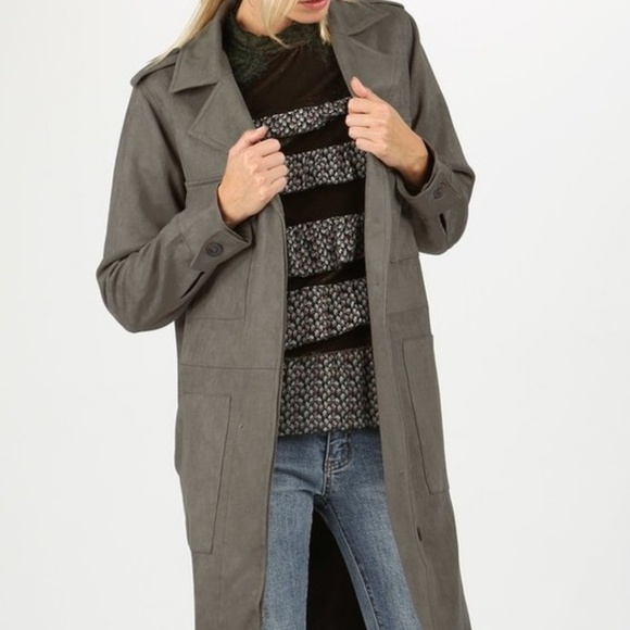 NWT POL faux SUEDE JACKET charcoal trench DUSTER WESTERN bohemian COAT SM MD LG - Picture 7 of 7